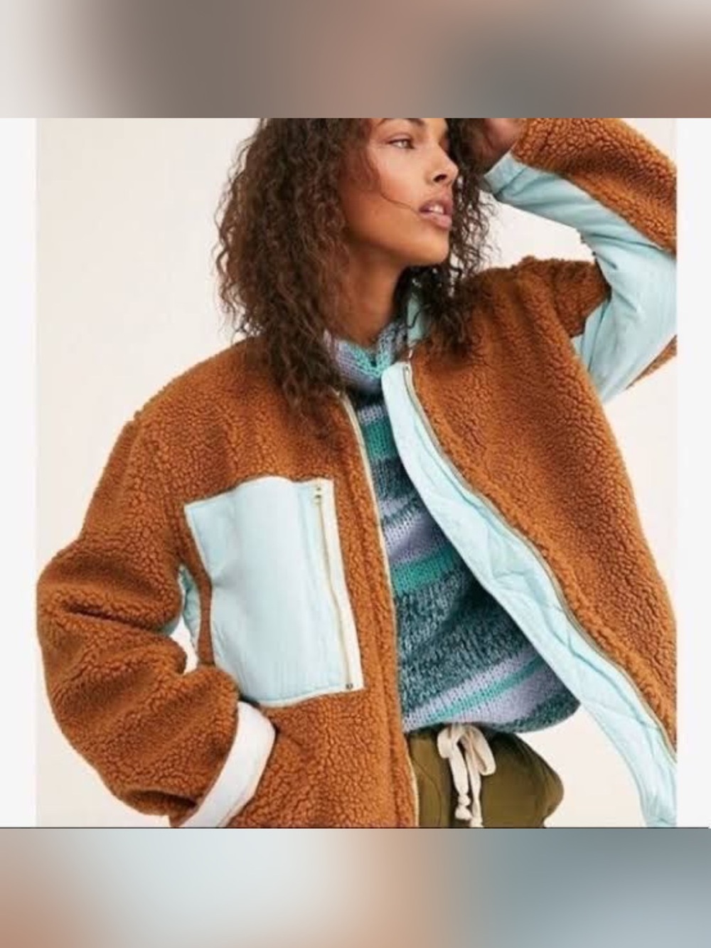 Free People Teddy Jacket in Camel with Light Blue Trim